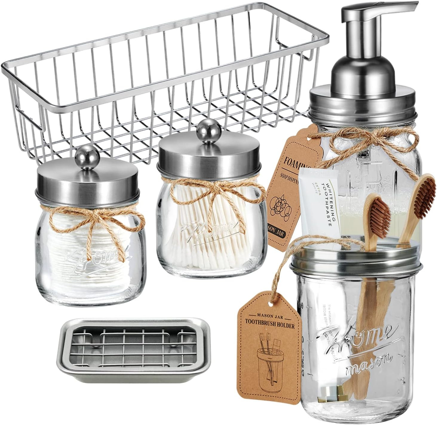 Mason Jar Bathroom Accessories Set(6PCS) - Foaming Soap Dispenser,Toothbrush Holder,Qtip Holder,A... | Amazon (US)