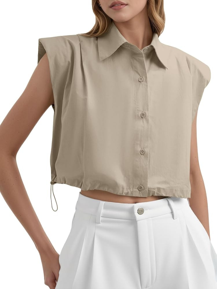 Tankaneo Womens Sleeveless Button Down Shirts Casual Loose V Neck Pad Shoulder Crop Tank Top | Amazon (US)