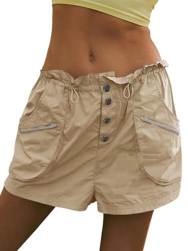 Fisoew Womens Cargo Shorts Relaxed Fit Low Waist Drawstring Hiking Outdoor Shorts with Pockets Khaki | Amazon (US)