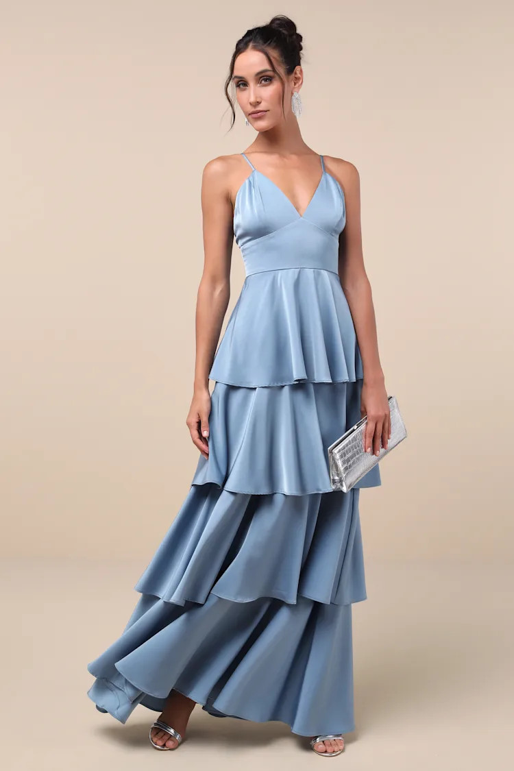 Going with Elegance Slate Blue Satin Tiered Gown | Lulus