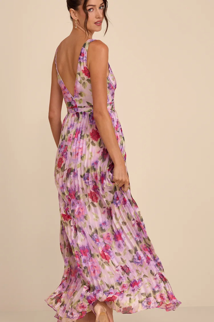 Morgana Pink Multi Floral Satin Pleated Maxi Dress | Lulus