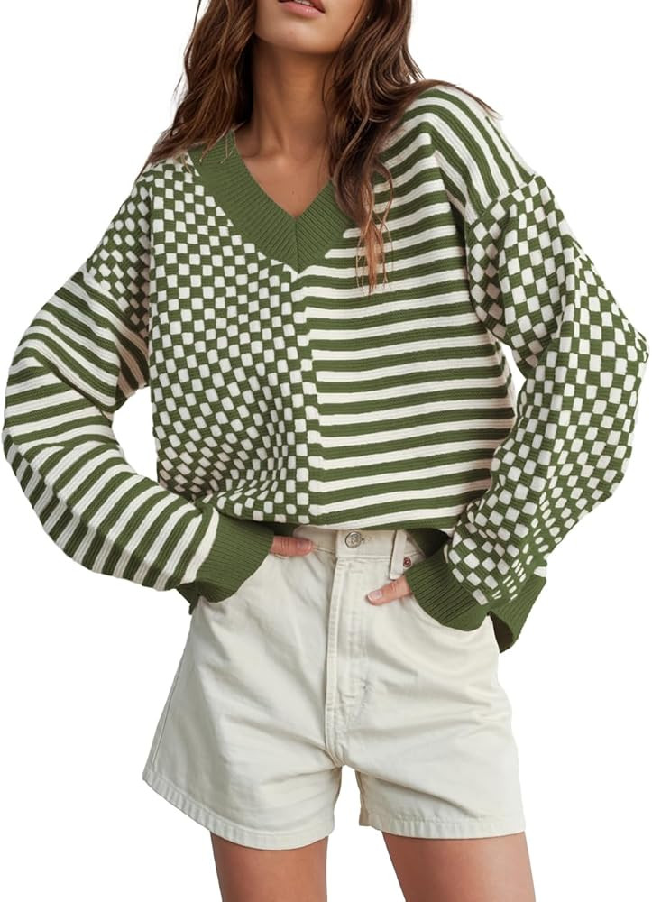 UNCLECAT Women's Striped Checkered Sweater 2025 V Neck Fall Sweaters Casual Knit Trendy Pullover ... | Amazon (US)