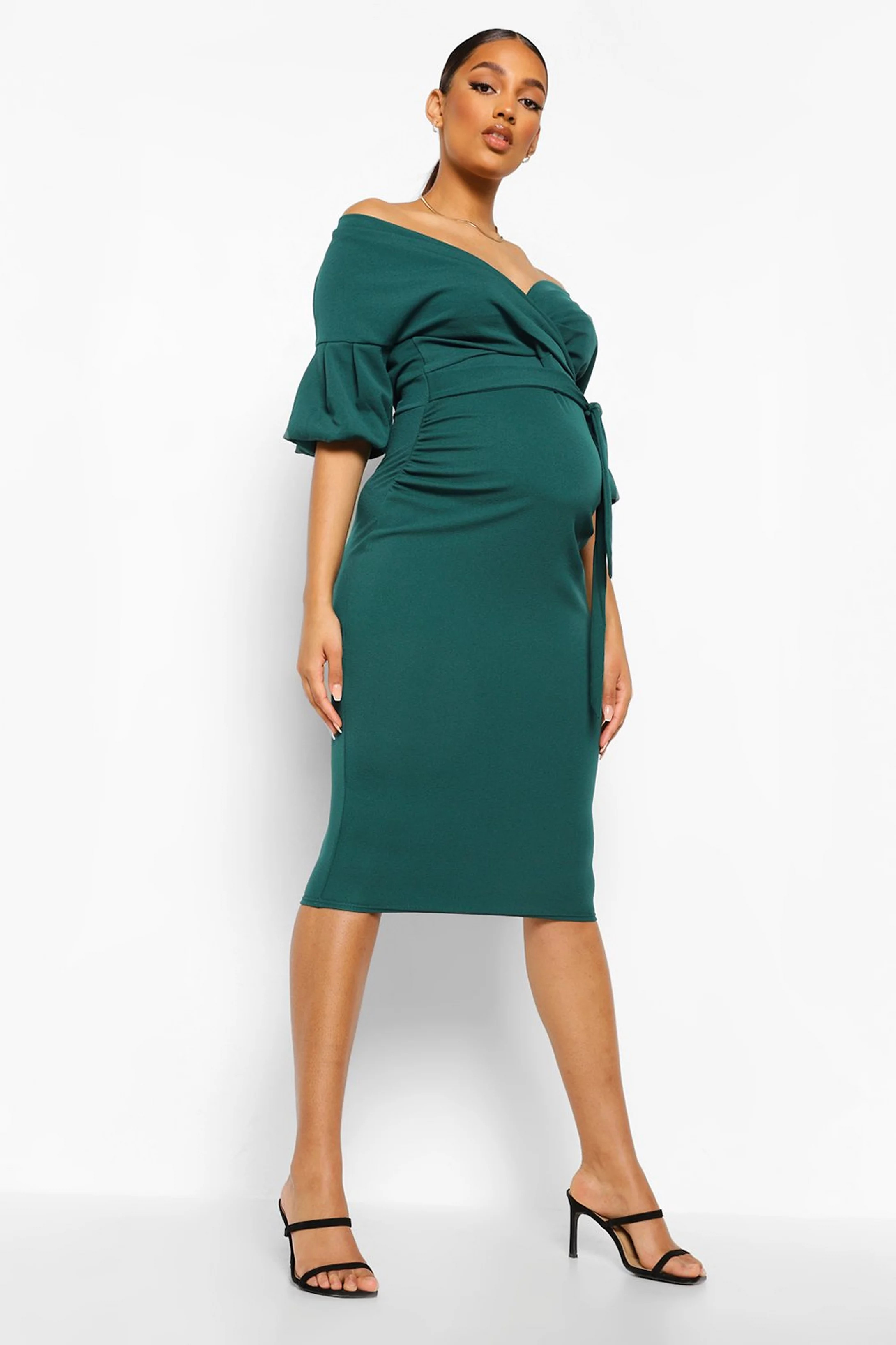 Maternity Off The Shoulder Wrap Midi Dress | Boohoo.com (US & CA)