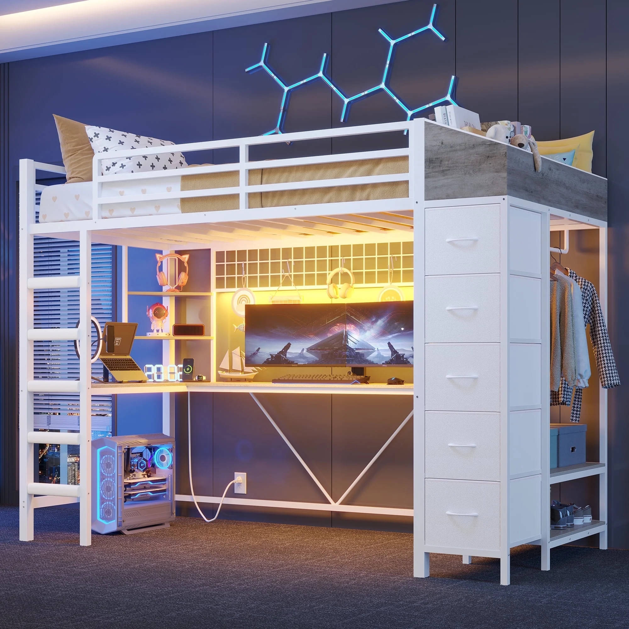 AOGLLATI Loft Bed with Hall Tree, Charging Station, LED Lights and 5 Storage Drawers, Twin Size, ... | Walmart (US)