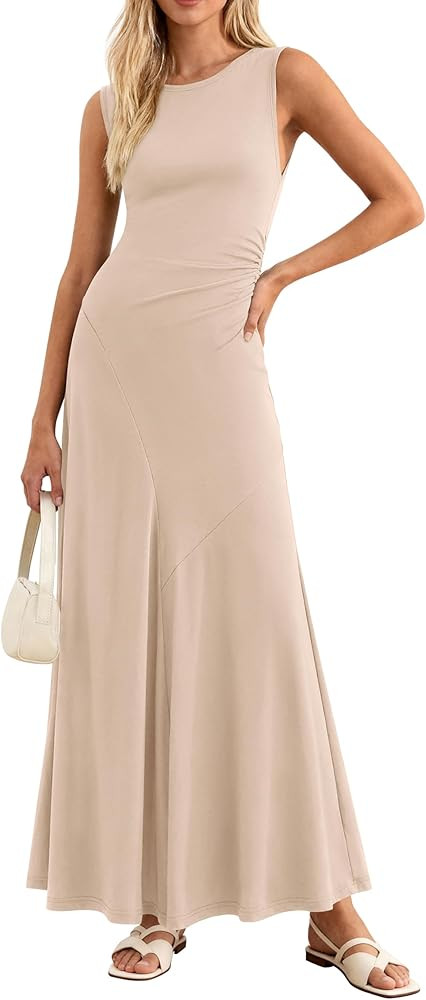 MASCOMODA Summer Casual Sleeveless Maxi Dresses for Women 2026 Spring Ruched A Line Flowy Tank Be... | Amazon (US)