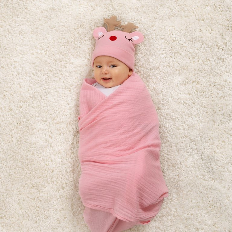 Parents Choice Pink Reindeer Xmas Swaddle Set, Swaddle Baby Blanket and Beanie, Infant Girl | Walmart (US)