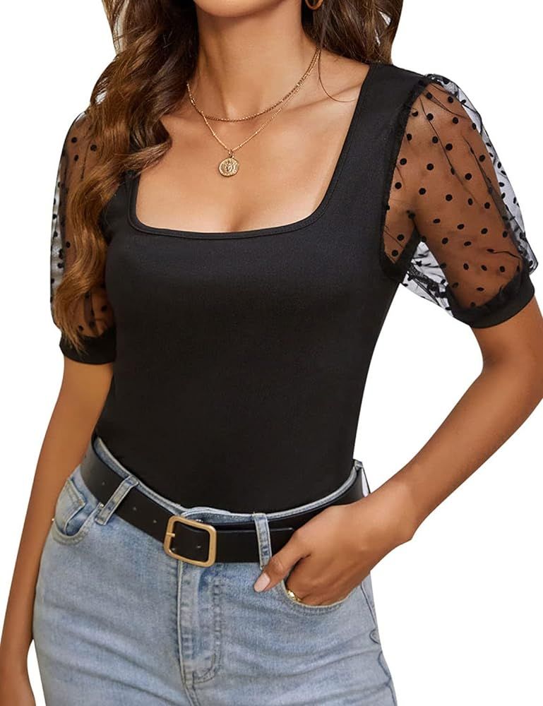 BMJL Womens Puff Sleeve Tops Dressy Mesh Parchwork Shirts Square Neck Cute Polka Dot Blouse | Amazon (US)