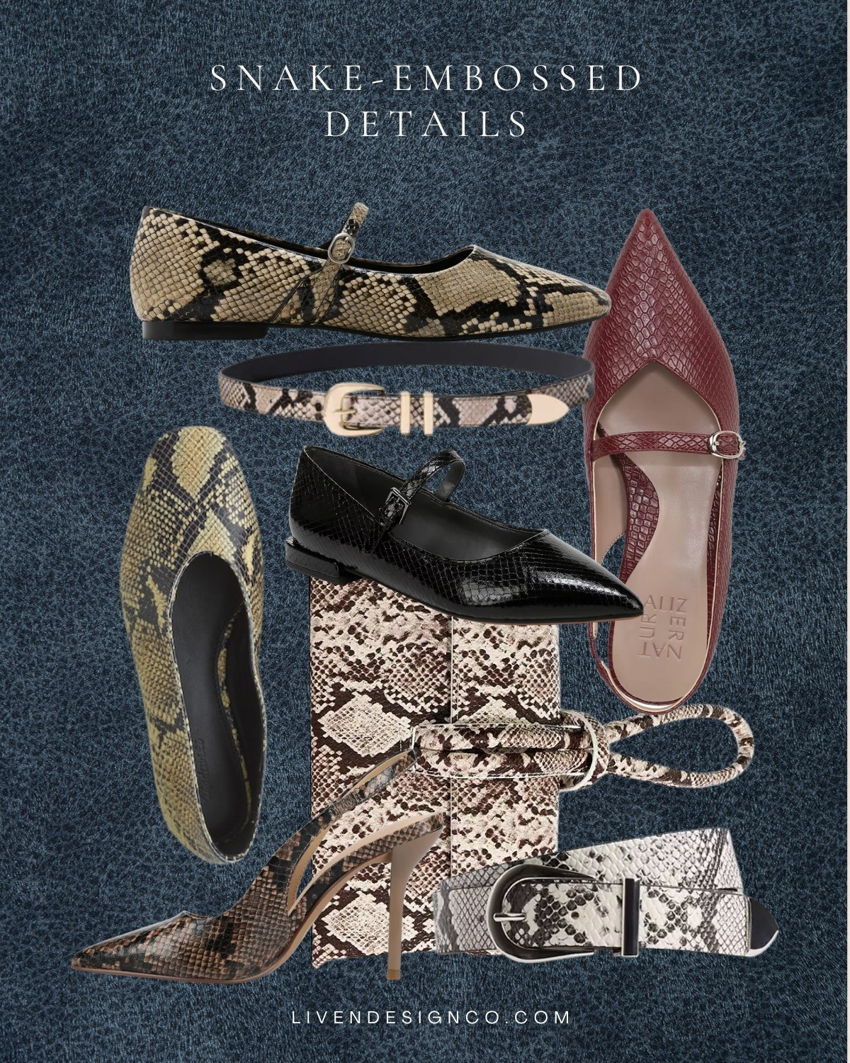 Snake embossed fashion. Snakeprint heels. Snakeprint ballet flats. Snakeprint belt 

#LTKSeasonal #LTKSaleAlert #LTKFindsUnder50