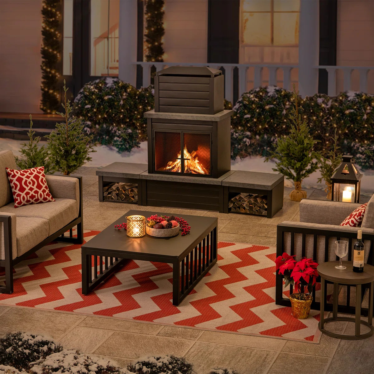 Sunjoy Outdoor Fireplace, Patio Wood Burning Steel Fireplace with Chimney, 2 Side Log Holders, Fi... | Wayfair North America