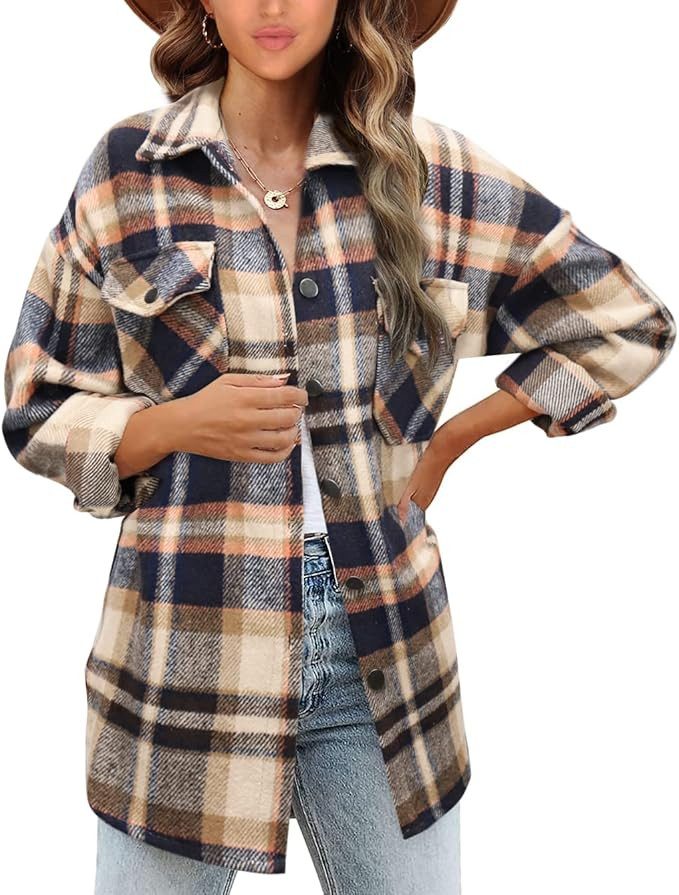 Beaully Women's Flannel Plaid Jacket Long Sleeve Button Down Chest Pocketed Shirts Coats Shacket | Amazon (US)