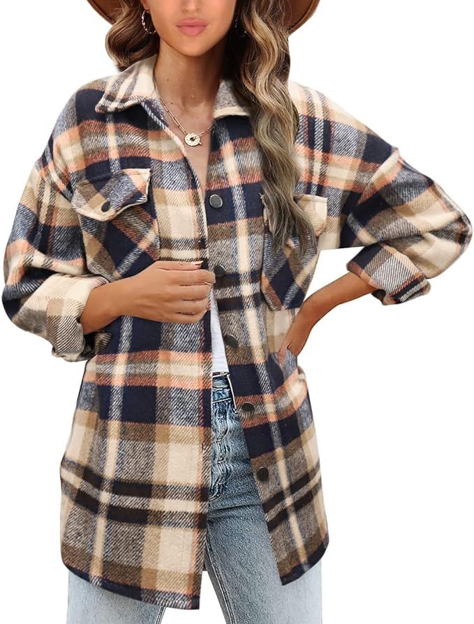 Beaully Women's Flannel Plaid Jacket Long Sleeve Button Down Chest Pocketed Shirts Coats Shacket | Amazon (US)