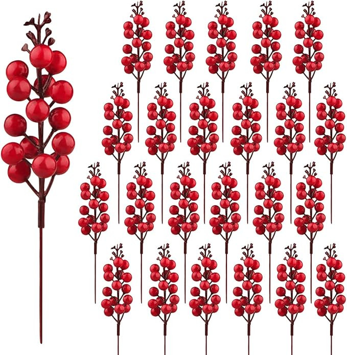 24 Pack Red Berry Stems, 7.5 Inch Artificial Burgundy Red Berry Picks Holly Red Berries Branches ... | Amazon (US)