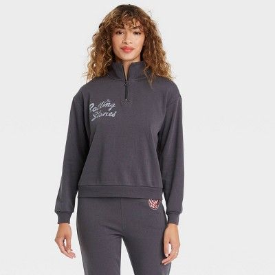 Women's The Rolling Stones Checkered Logo Quarter Zip-Up Graphic Sweatshirt - Black | Target