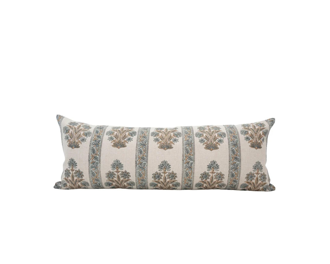 AANYA || 14x36 Designer Blue Floral Linen Pillow Cover Block Print Lumbar Pillow Farmhouse Pillow... | Etsy (US)