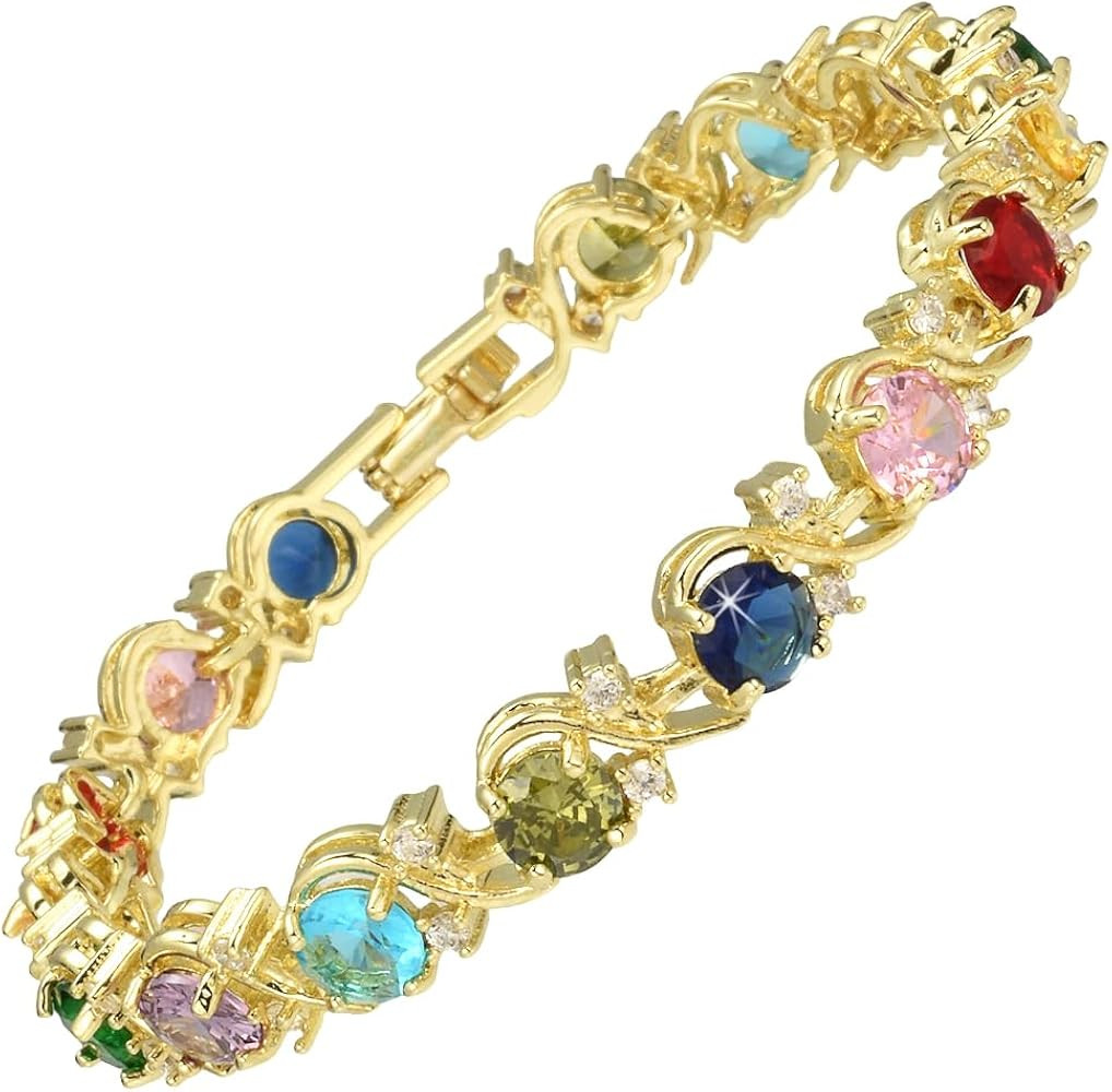 RIZILIA BLOSSOM 14K Gold Plated Tennis Bracelet for Women - Colorful Birthstone 6mm Round CZ Gems... | Amazon (US)