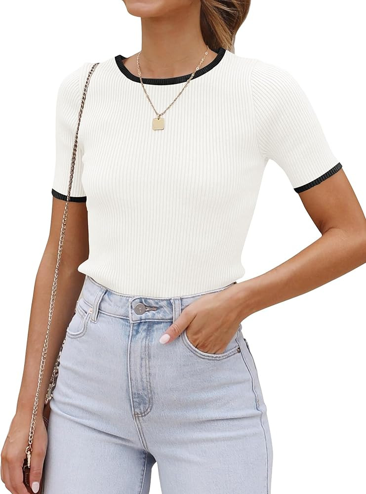 ZESICA Women's Short Sleeve Crewneck Ribbed Knit Slim Fit T Shirt 2024 Summer Basic Casual Color ... | Amazon (US)