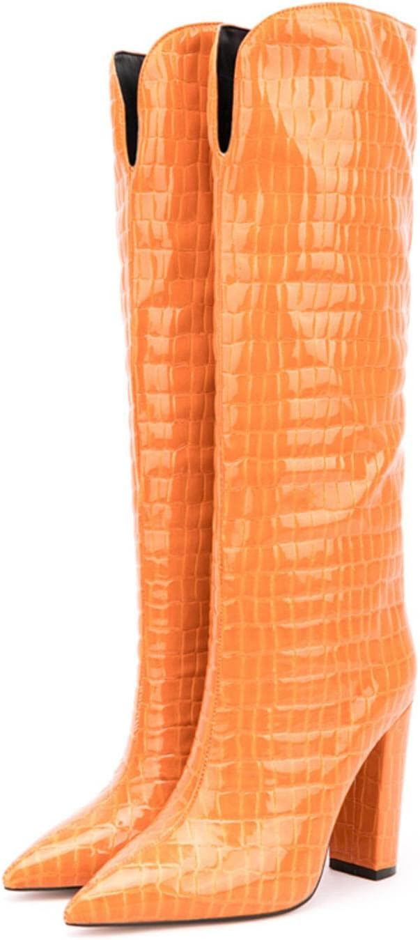 MMKJHNBHQ Women's Pointed Toe Over The Knee Boots, Embossed Patent Leather Chunky Heel Boots Comf... | Amazon (US)