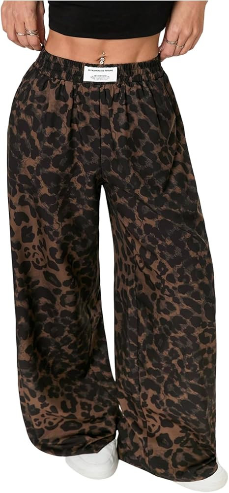 Women's Leopard Pants Y2K High Waisted Wide Leg Cheetah Track Pants Vintage Baggy Trousers | Amazon (US)