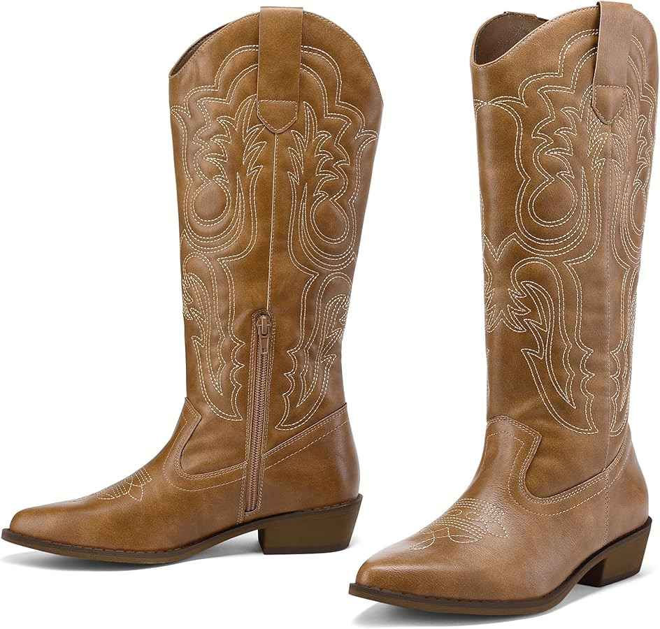 mysoft Women's Cowboy Boots Mid Calf Cowgirl Embroidered Western Pointed Toe Chunky Heel Pull On ... | Amazon (US)