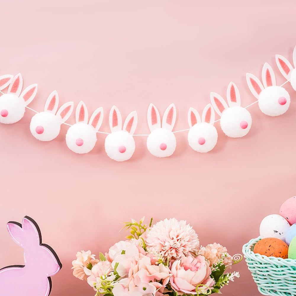 Whaline Easter Felt Garland Handmade Bunny Ball Banner Pink White Rabbit Fluffy Hanging Ornament ... | Amazon (US)