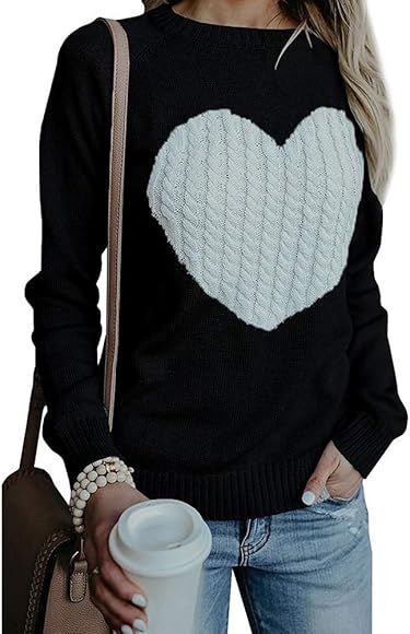 Women Juniors Long Sleeve Crewneck Cable Knitted Love Heart Patch Pullover Sweaters Shirts Tops W... | Amazon (CA)
