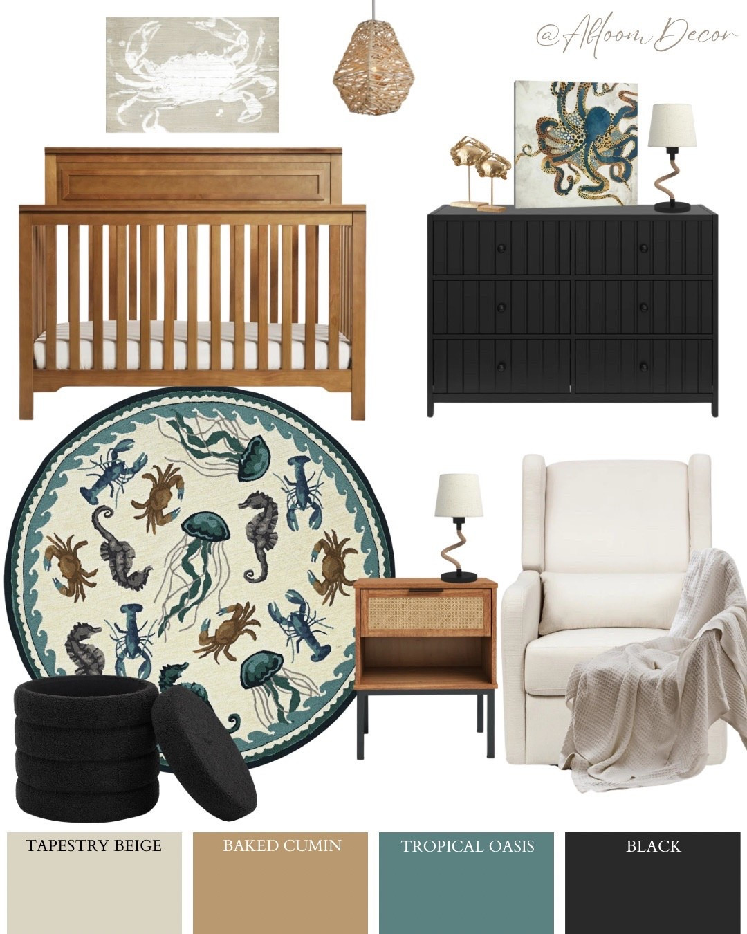 This cozy coastal nursery brings a calm, seaside vibe with warm wood tones, soft beige, and pops of ocean-inspired colors. I love how the playful sea creature rug ties everything together and gives the room such a fun, whimsical feel.

#LTKBump #LTKBaby #LTKHome