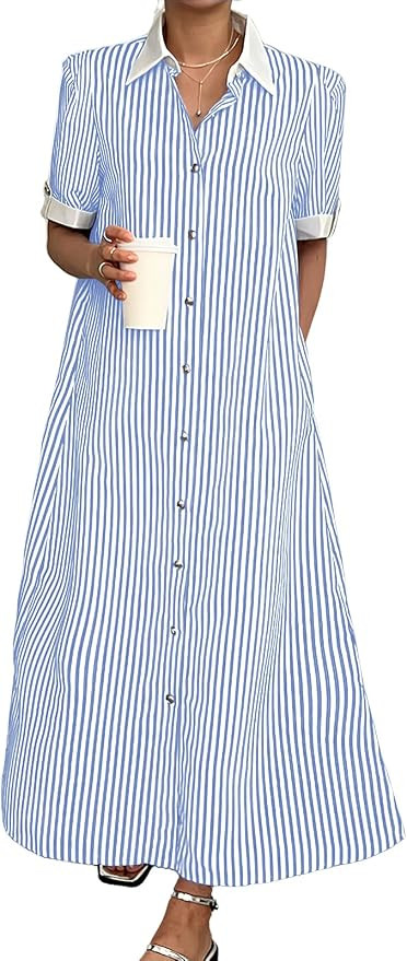 ebossy Women's Loose Striped Shirt Dress Contrast Color Side Slit Belted Maxi Long Dress with Poc... | Amazon (US)
