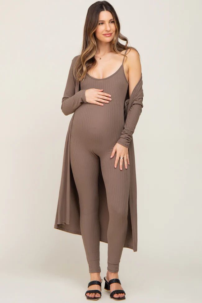Mocha Ribbed Maternity Jumpsuit Two Piece Set | PinkBlush Maternity