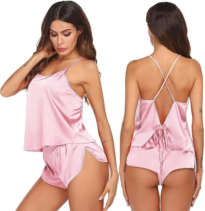 Ekouaer Silk Pajamas Set for Women Satin Backless Lingerie Pjs Cami Top and Shorts Nightwear | Amazon (US)