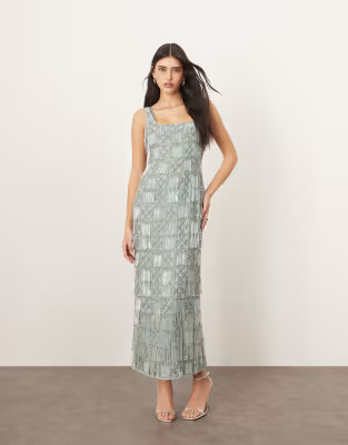 ARRANGE grid embellished square neck maxi dress with fringe detail in light blue | ASOS (Global)