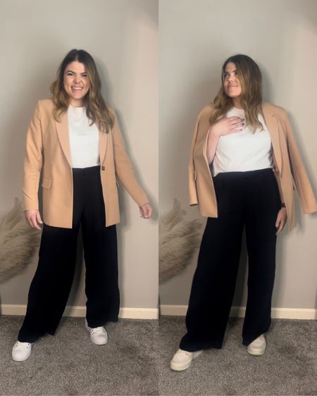 Smart casual outfit with plain white tea, black trousers, platform sneakers, and a tan neutral blazer from Amazon. Everything in size large 

#LTKworkwear #LTKFind #LTKcurves
