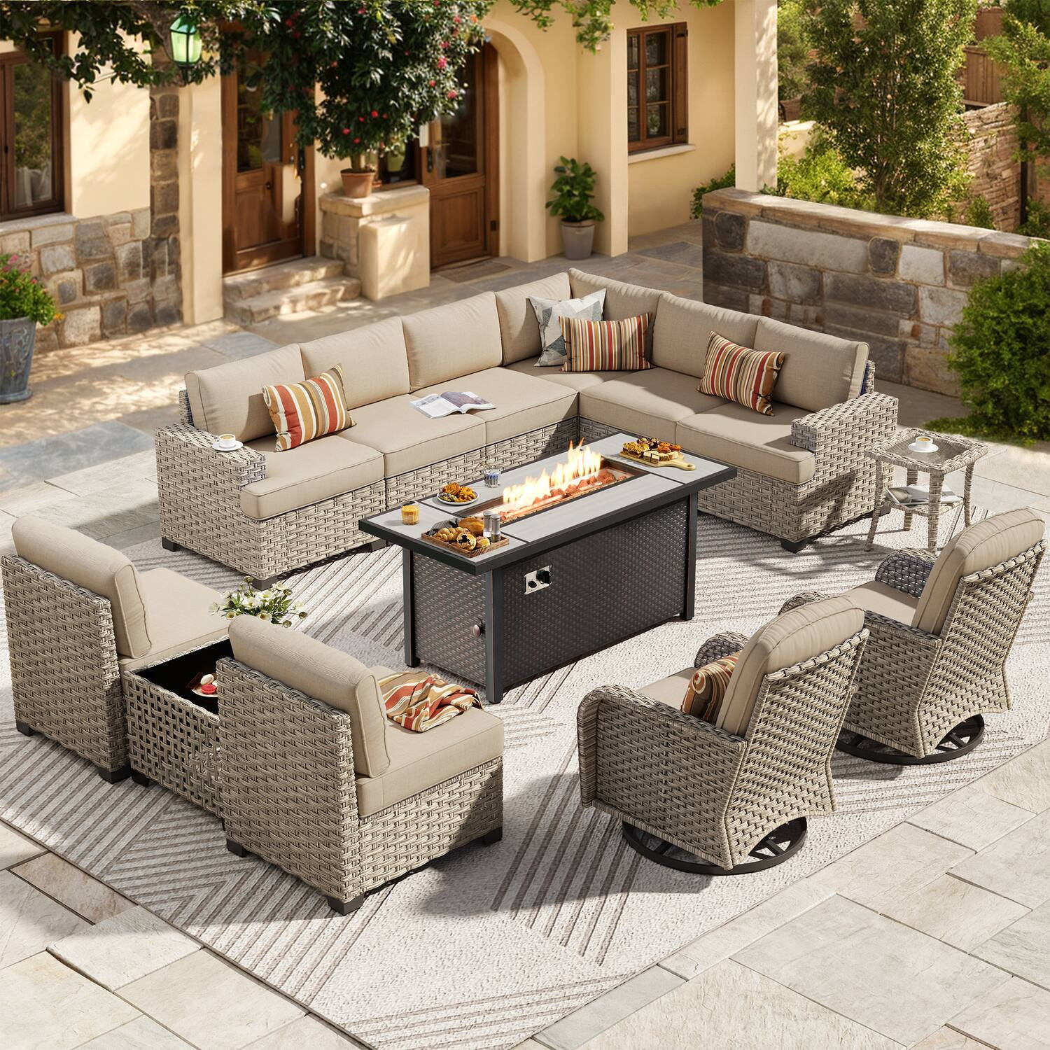 Ovios - 13 PCS Outdoor Patio Furniture Sectional Sofa Set with Swivel Chairs & 54“ Fire Pit Table - Beige | Best Buy U.S.