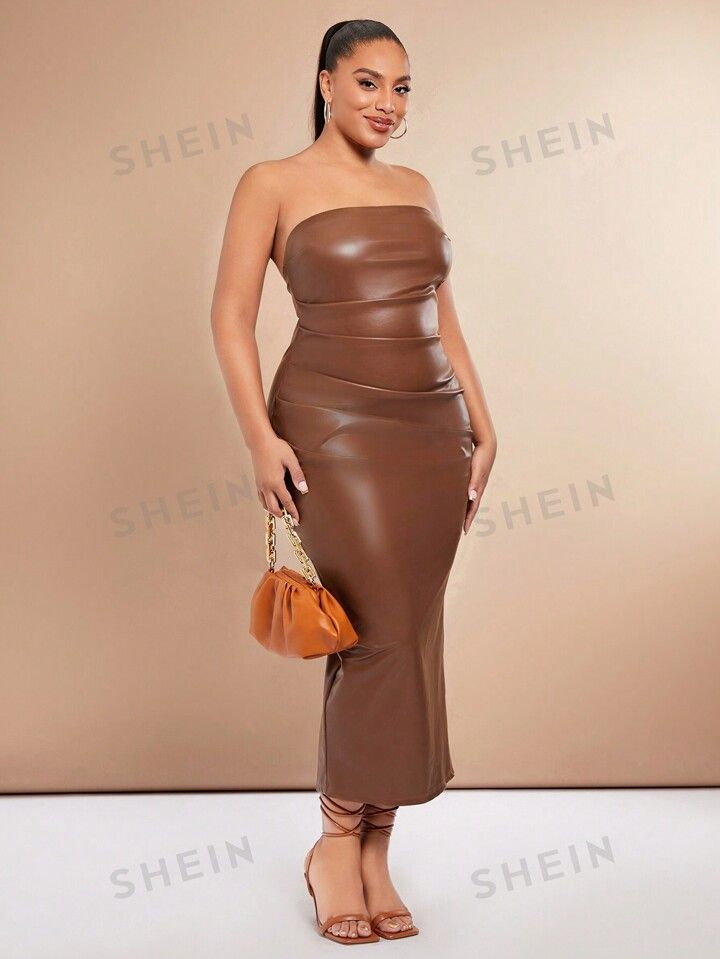SHEIN BAE Plus Solid PU Leather Tube Bodycon Dress | SHEIN
