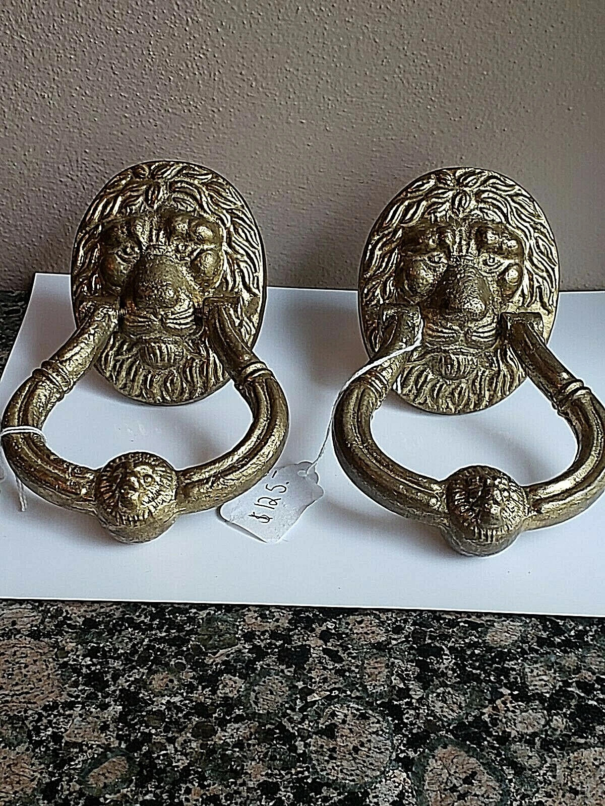 PAIR (2) VTG MATCHING SOLID BRASS DOUBLE LIONS HEAD DOOR KNOCKERS w/HARDWARE | eBay US