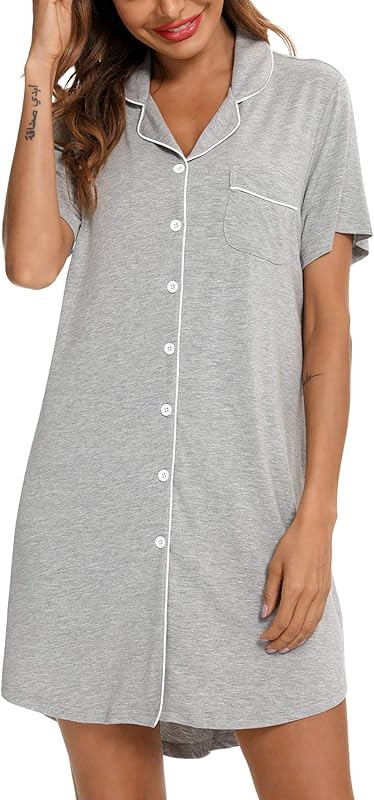 Senert Nightgown for Women Sleep Shirt Short Long Sleeve Sleepwear Boyfriend Nightshirt Button Do... | Amazon (US)