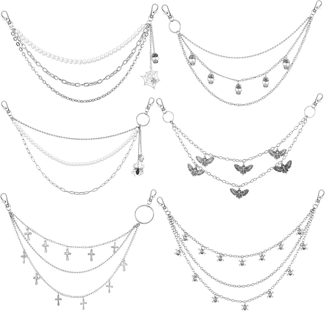 6 Pieces Punk Pants Chain Belt Multilayer Metal Wallet Chain with Spider, Skull & Cross Charms, Y... | Amazon (US)