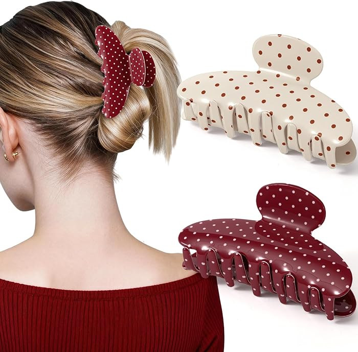 2 Pack Medium Hair Clips for Women, Strong Hold Recycled Plastic Claw Clips for Thick Hair Polka ... | Amazon (US)