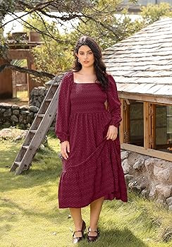 RITERA Plus Size Fall Dresses for Curvy Women Maxi Wedding Guest Long Sleeve Smocked Swiss Dot Wi... | Amazon (US)