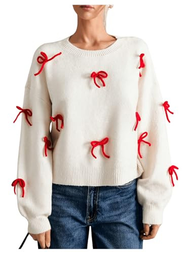 BEAUDRM Women's Bow Decor Drop Shoulder Crop Sweaters Long Sleeve Crew Neck Sweater Pullover Beige Small | Amazon (US)