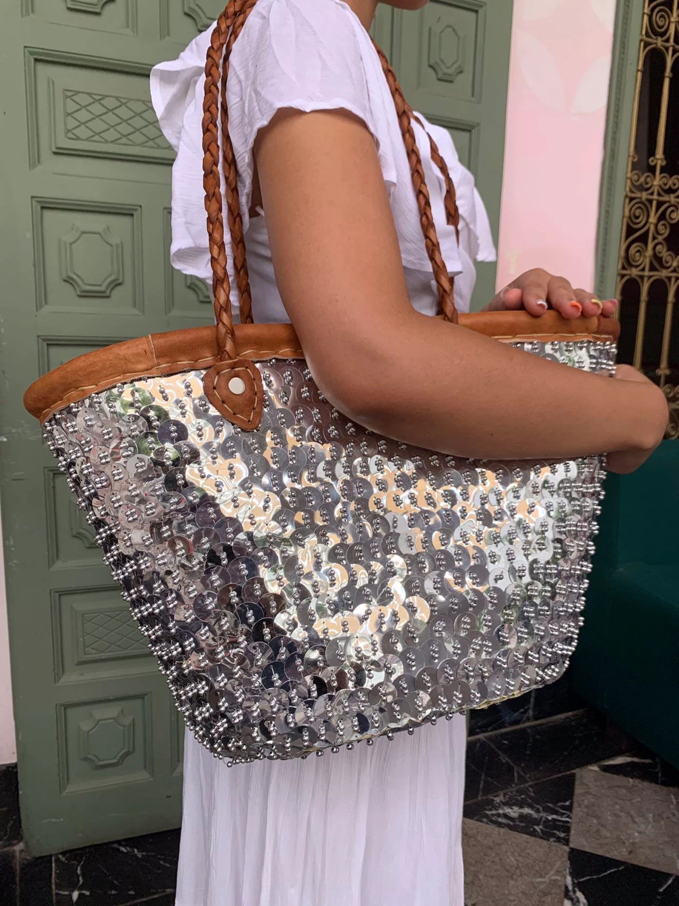 Handmade Moroccan Straw Bag – Silver Sequin Boho Basket Bag – Unique Daily Tote – Market Ba... | Etsy (Global)