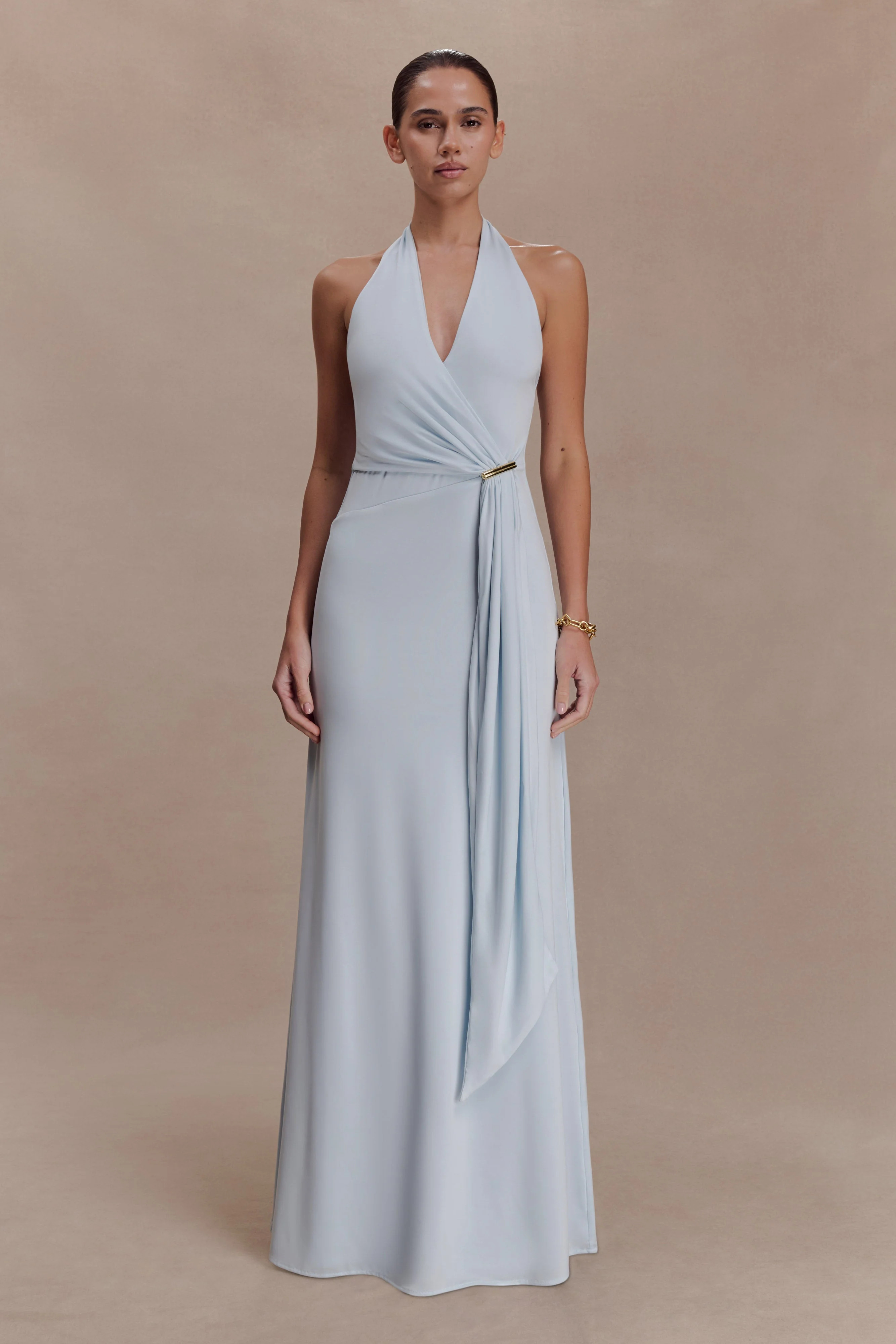 Veda Slinky Halter Maxi Dress - Pale Blue | Meshki UK