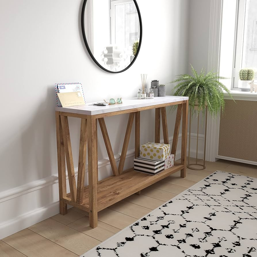 BizChair Farmhouse 2-Tier Console Accent Table - Warm Oak Finish Engineered Wood Frame - Marble F... | Amazon (US)