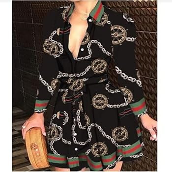 MEIYIFANG Shirt Dresses for Women Sexy Casual Chain Print Long Sleeve Blouses Loose | Amazon (US)