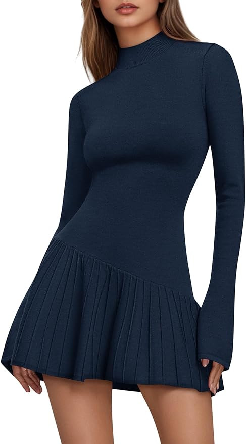 Women's Sweater Dress Crochet Ribbed Knit Ruffle Hem Flared Long Sleeve Mock Neck Mini Dress | Amazon (US)