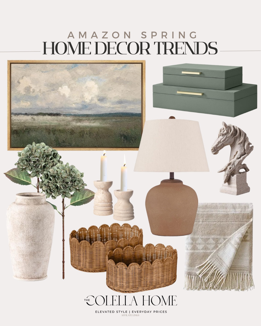 Spring home decor trends include decorative boxes, horse decor, throw blanket, table lamp, decorative baskets, candle stick holder, wall art, faux hydrangeas, and vase.

Home decor, spring home decor, spring home trends, home accentss

#LTKvlog #LTKSeasonal #LTKHome