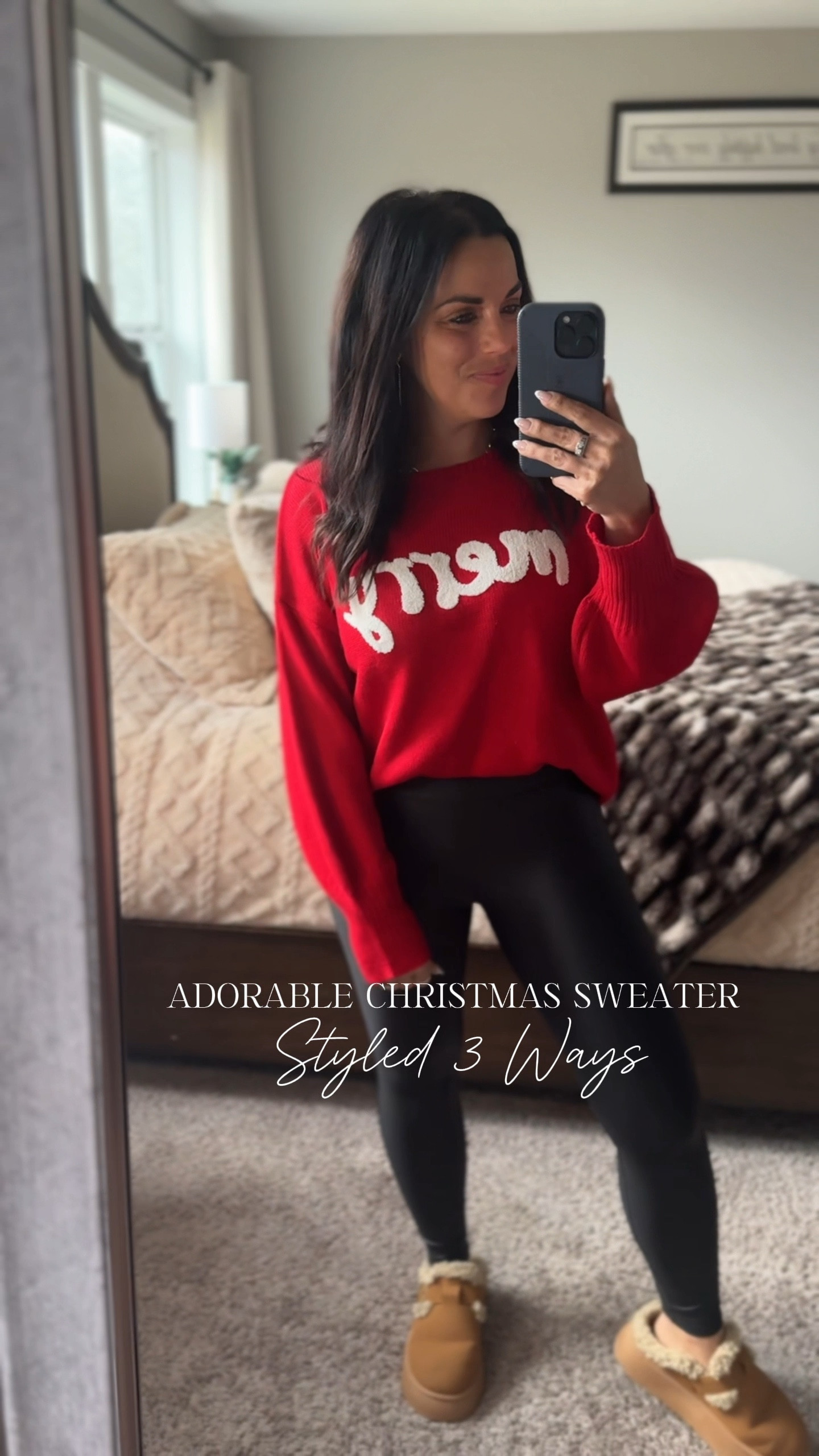 Give me all the cute Christmas Sweaters! I could never have enough🎄 here is one of my favorites this holiday season styled three different ways. Whether you’re wearing it comfy or dressed up it’s a winner! Also, these petite friendly, faux leather leggings I just found on Amazon are a total game changer and the best I’ve found in a few years! I’m super excited about them! I’m 5 feet, 125lbs wearing a XS Petite. I recommend sizing down 1 for these💕