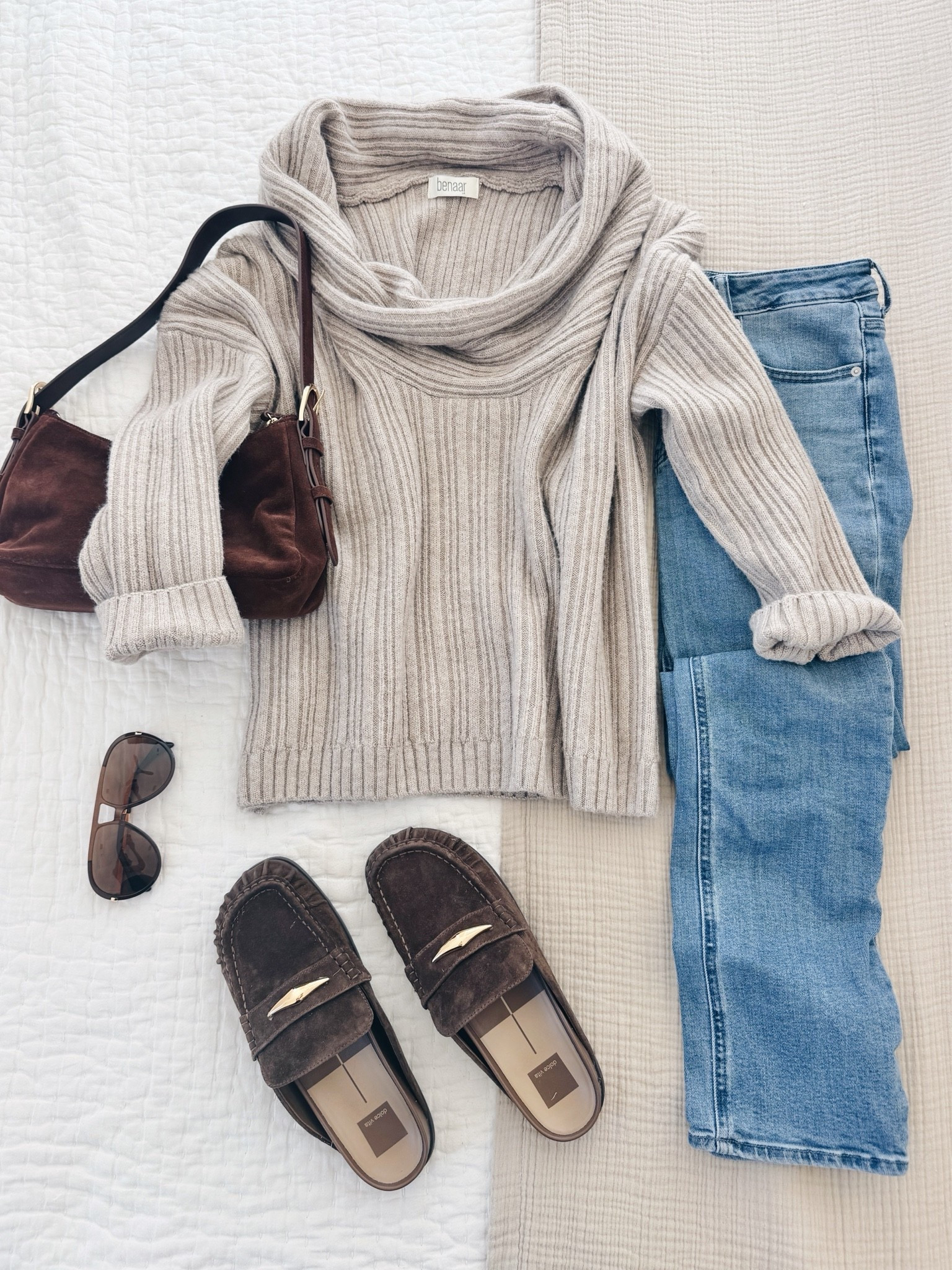 This sweater can be worn off the shoulder, on one shoulder, or as a cowl neck.  I have size small. It’s oversized.  I sized up to 28x30 in the straight jeans for an ankle fit.  Shoes true to size.