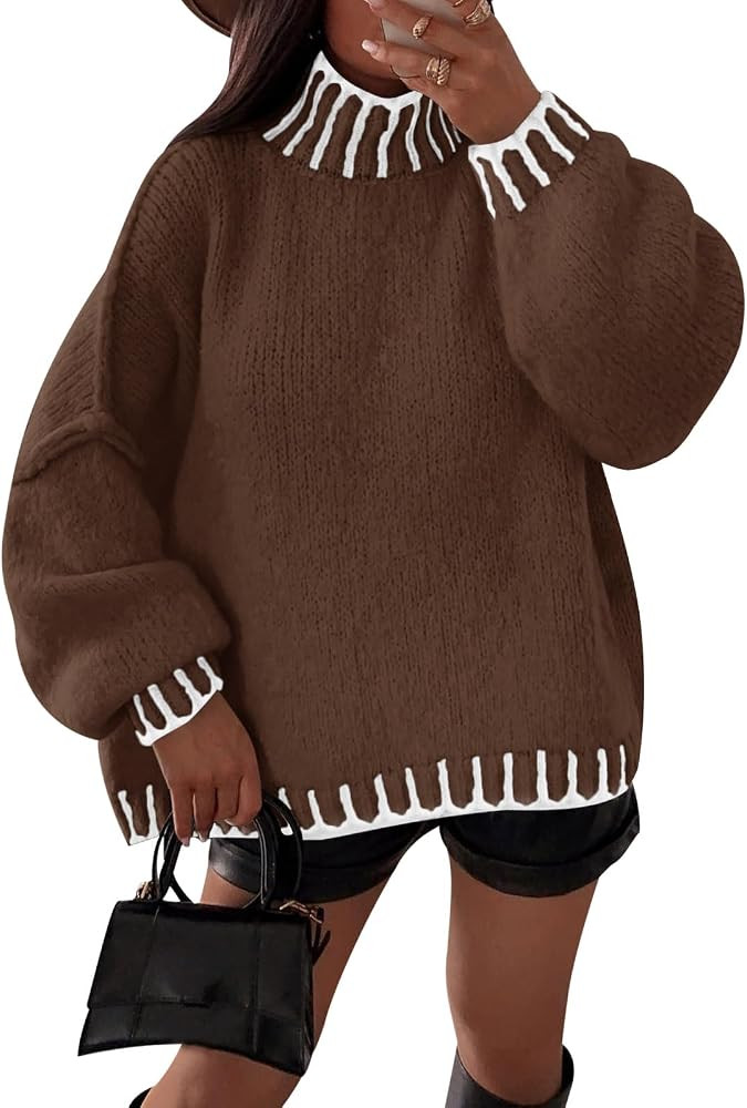 Saodimallsu Womens Chunky Mock Neck Sweaters Lantern Sleeve Fall Casual Slouchy Knit Color Block ... | Amazon (US)