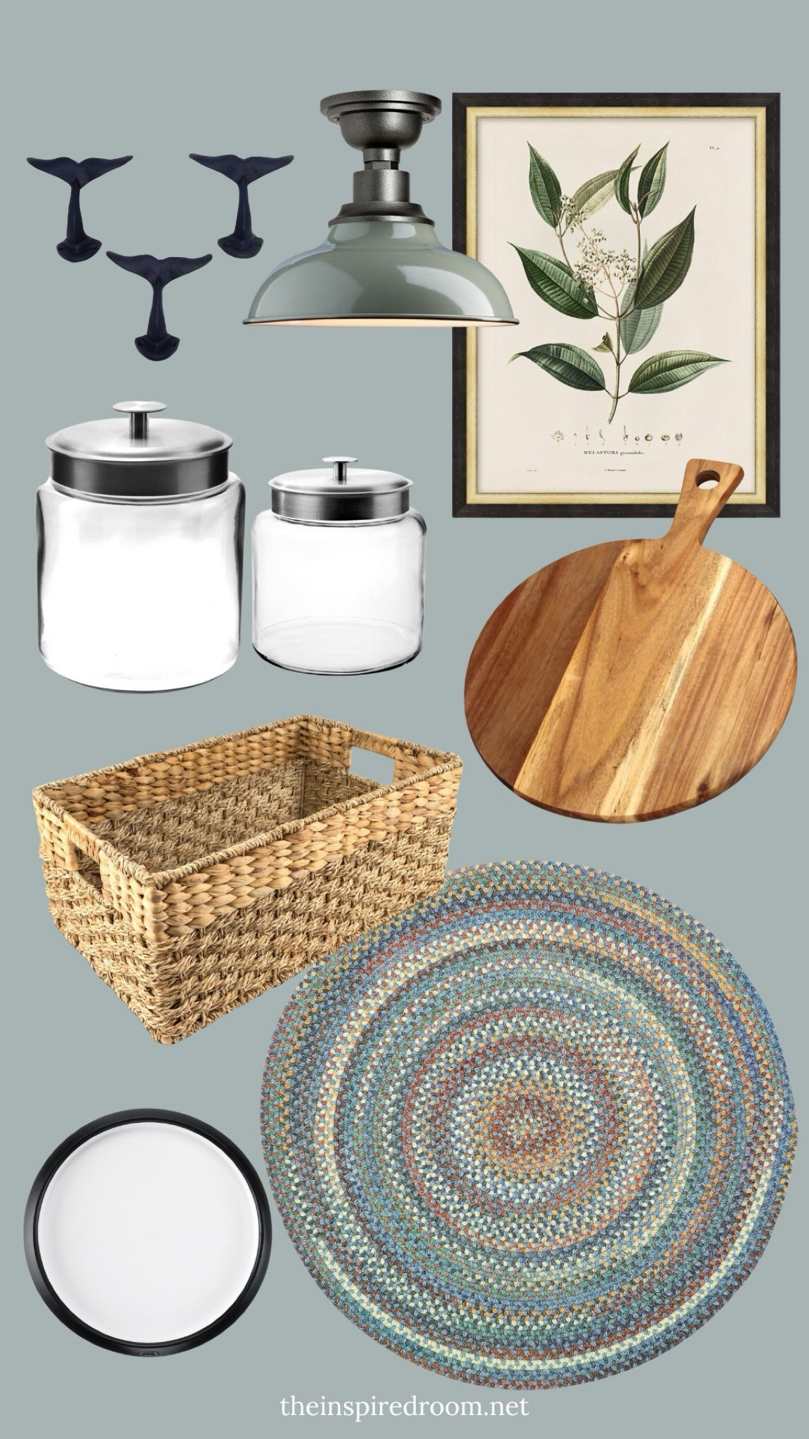 My mudroom  pantry decor and organization. Basket, airtight jars, braided rug lazy Susan wood board botanical art whale tail hooks ceiling semi flush mount light in gloss Rosemary 

#LTKFindsUnder50 #LTKHome #LTKSaleAlert