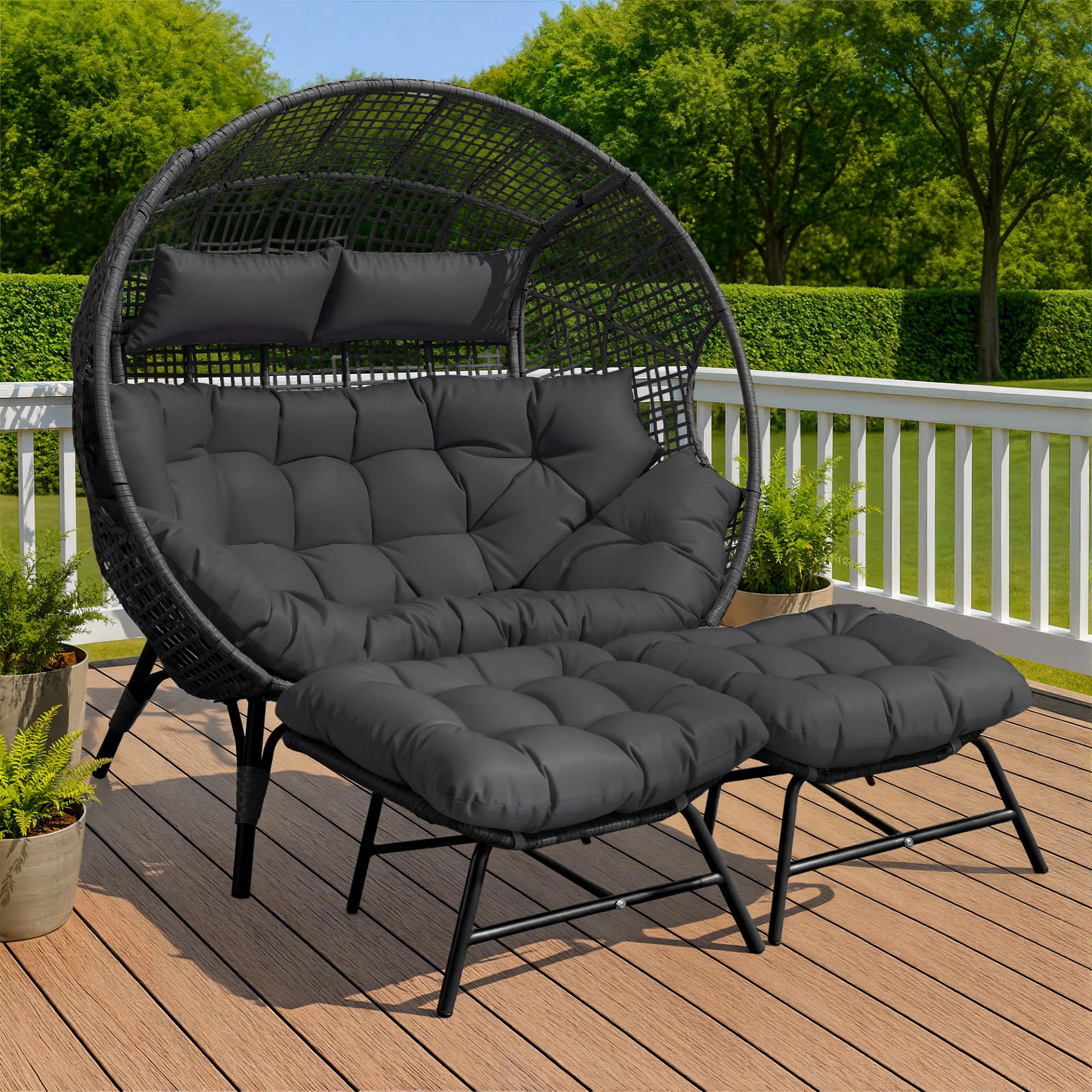 Daleigh 2-Person Double Egg Chair Loveseat with 2 Ottomans, 57.1" Wide Wicker Rattan Lounge Chair, 6.5" Thick Cushions, 680-lb Capacity | Wayfair North America